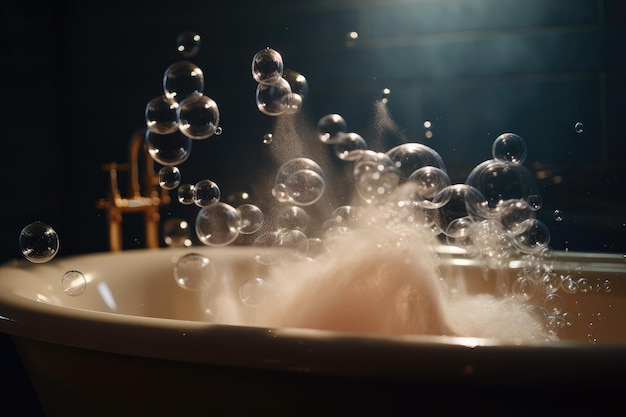Libre d'un bain moussant débordant de bulles et de vapeur créé avec générative ai