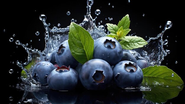 Libre de bleuets frais éclaboussé d'eau sur fond noir et flou