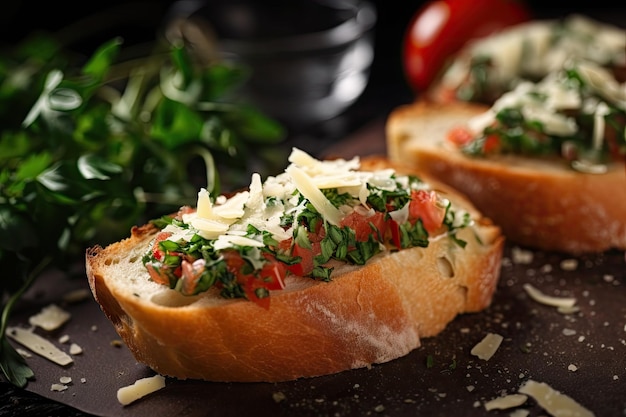 Libre de bruschetta aux herbes fraîches et parmesan visible