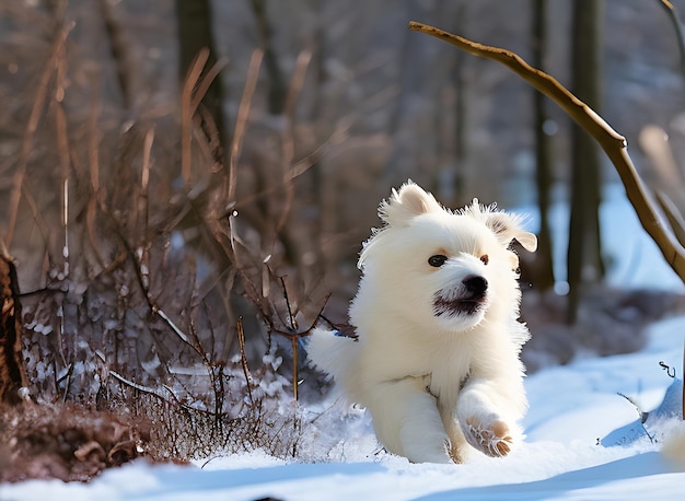 Libre Un chiot blanc moelleux se traînant dans un pays des merveilles de l'hiver son souffle visible dans le froid