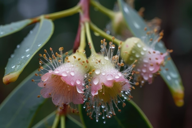 Libre de délicates fleurs d'eucalyptus avec des gouttes de rosée sur les pétales