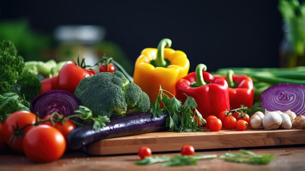 Libre de divers légumes frais et savoureux sur une planche à découper en bois fond blanc