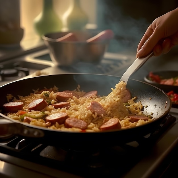 Libre de faire frire du riz dans la poêle dans la cuisine