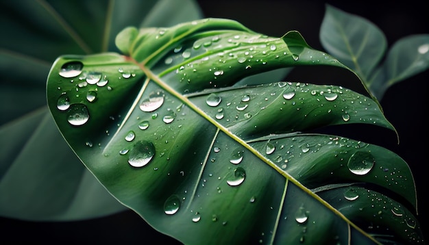 Libre d'une feuille verte avec des gouttes de pluie Al réaliste généré