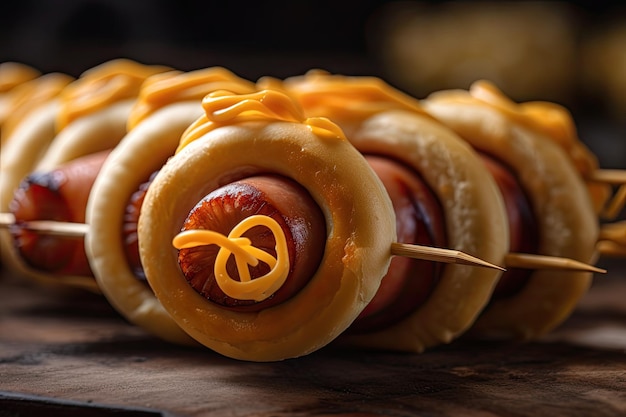 Libre de hot-dog avec spirale de saucisses sur brochette