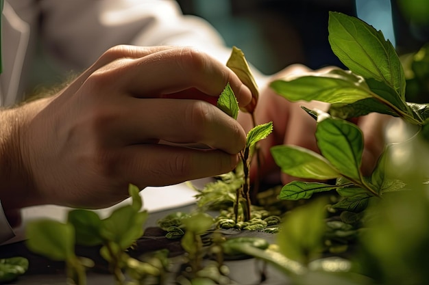 Libre d'une jeune plante entre les mains d'un homme