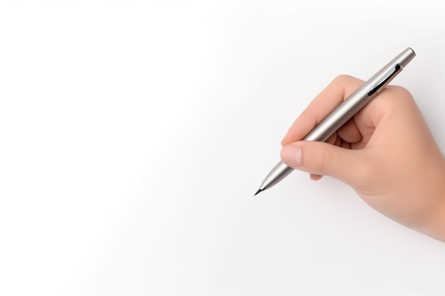 Libre de main tenant un stylo pour écrire sur fond blanc