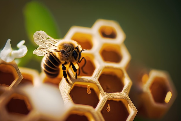 Libre de nid d'abeille avec macro abeille dans la lumière du soleil du matin