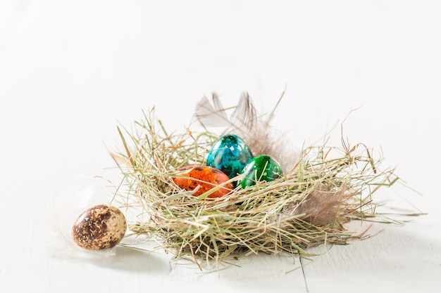 Libre d'oeufs de Pâques de caille dans le nid sur tableau blanc