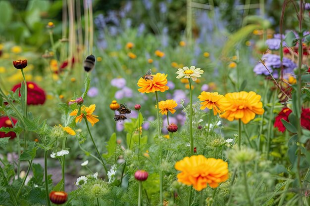 Libre d'un potager en fleurs avec des abeilles et des papillons en arrière-plan