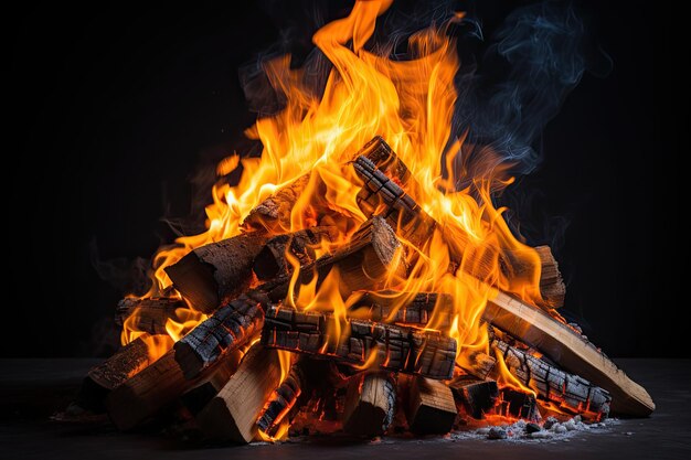 Libre d'un tas de bois de chauffage brûlant avec des flammes orange et jaune