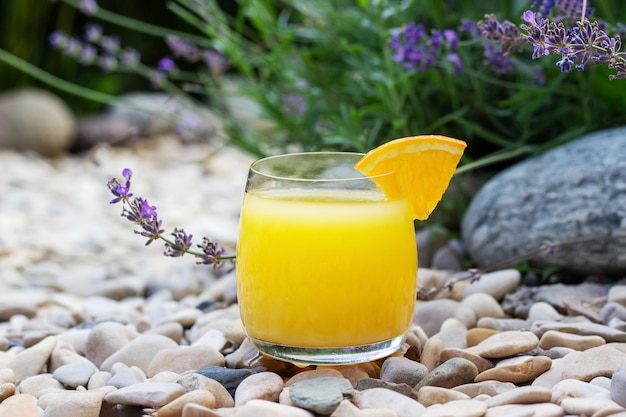 Libre de verre de jus d'orange frais garni d'une tranche d'orange mûre dans le jardin d'été