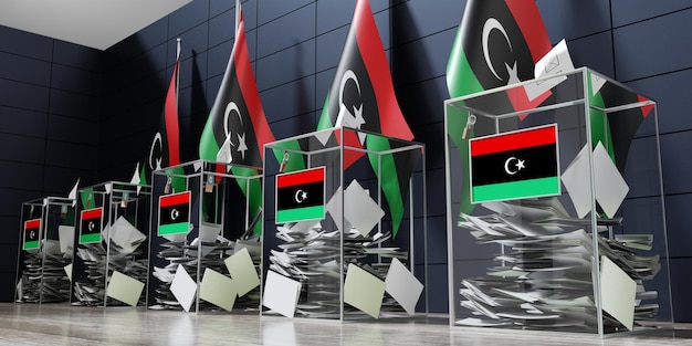 Libye plusieurs urnes et drapeaux votant le concept d'élection illustration 3D
