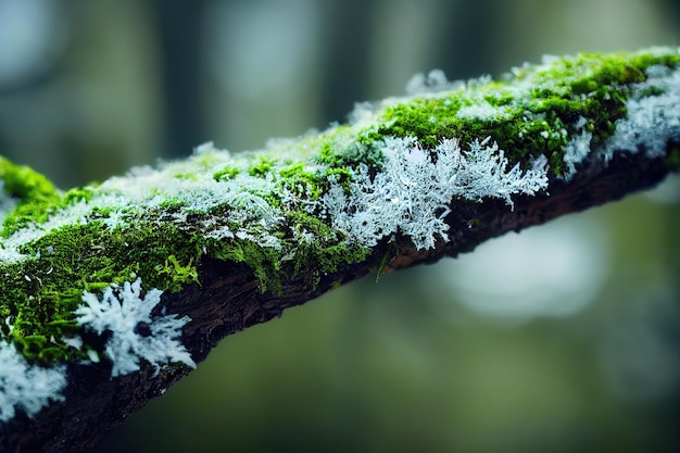 Lichen et mousse sur une branche d'arbre agrandi