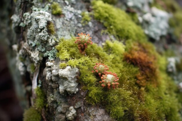 Le lichen et la mousse coexistent sur une pierre altérée