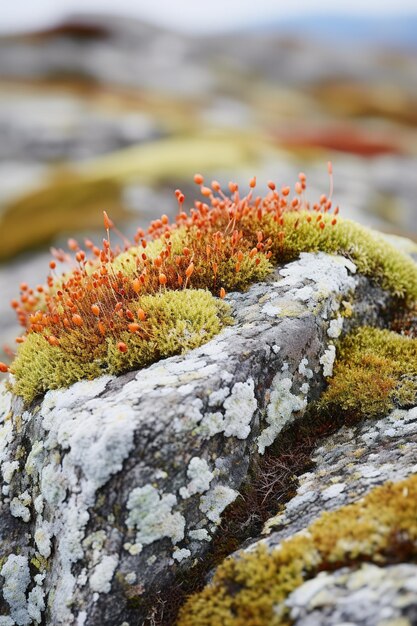 Des lichens colorés poussant sur un rocher de la toundra, de différentes nuances de vert, jaune, orange et rouge, contrastent magnifiquement avec la roche grise.