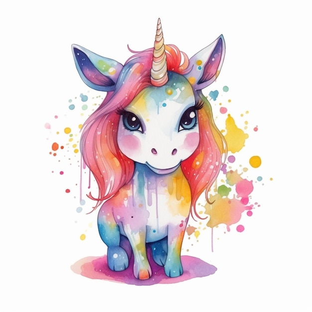 Licorne aquarelle avec une crinière arc-en-ciel