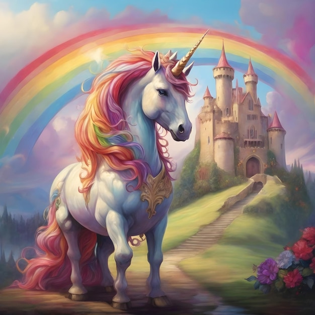 Une licorne arc-en-ciel devant le château