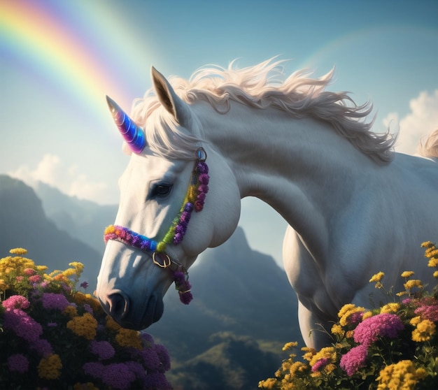 Une licorne avec un arc-en-ciel sur la tête se trouve dans un champ de fleurs.