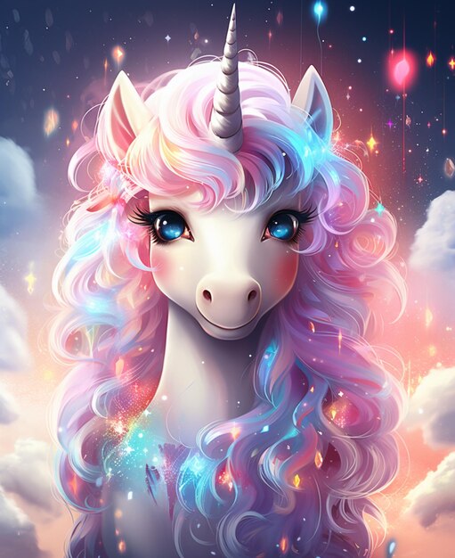 licorne aux cheveux longs et à la crinière rose avec une crinière arc-en-ciel ai générative