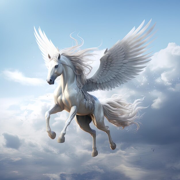 une licorne blanche avec des ailes qui vole dans le ciel