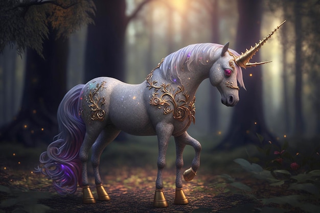 licorne blanche au milieu de la forêt avec fond de lumière du soleil, ai créative