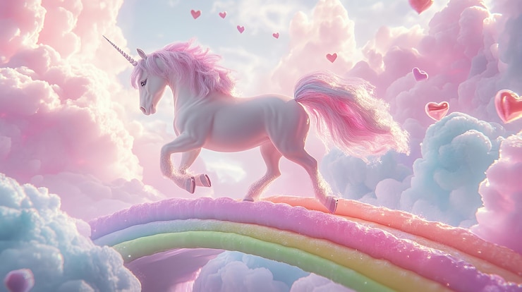 Photo une licorne blanche avec une crinière et une queue roses court à travers un arc-en-ciel dans un paysage de rêve magique