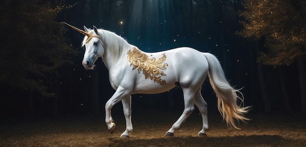 une licorne blanche et dorée debout