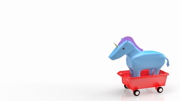 Photo la licorne bleue sur le chariot rouge pour le rendu 3d du concept de démarrage