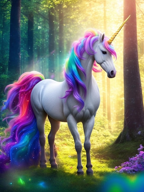 Une licorne capricieuse avec un kirin aux couleurs de l'arc-en-ciel et une longue crinière.