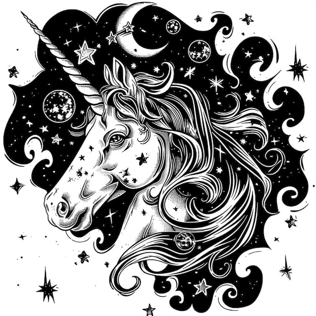 Une licorne céleste avec des pouvoirs cosmiques des étoiles et des galaxies tournoyant autour de l'illumination cosmique