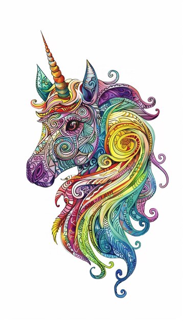 une licorne colorée avec une crinière et des cornes colorées