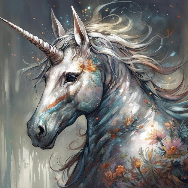 Une licorne avec une corne et des fleurs dessus