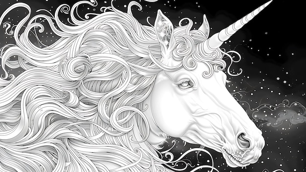 une licorne avec une corne sur sa tête est représentée sur un fond noir