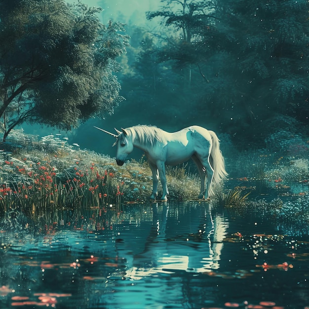 Une licorne à côté d'un lac magique cristallin, un lac serein avec de l'eau moelleuse et des fleurs.