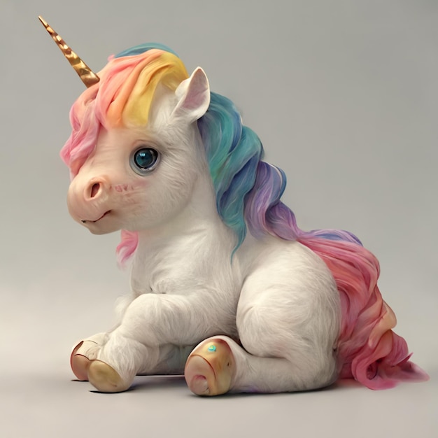 Une licorne avec une crinière arc-en-ciel est assise sur un fond gris.