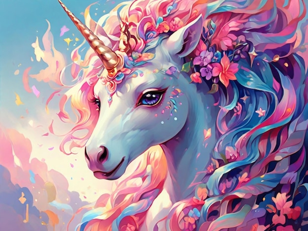 Photo une licorne avec une crinière colorée et des fleurs dessus