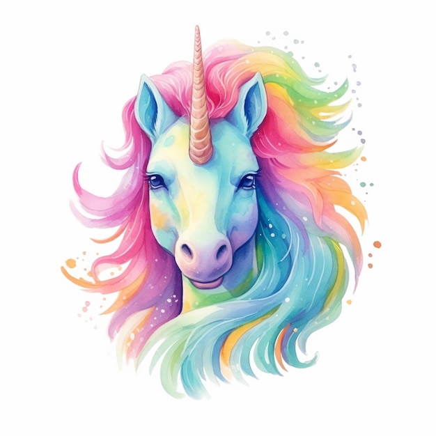 Licorne avec crinière colorée et longues crinières sur fond blanc ai générative