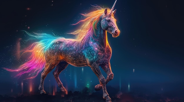 Une licorne avec une crinière et une queue arc-en-ciel