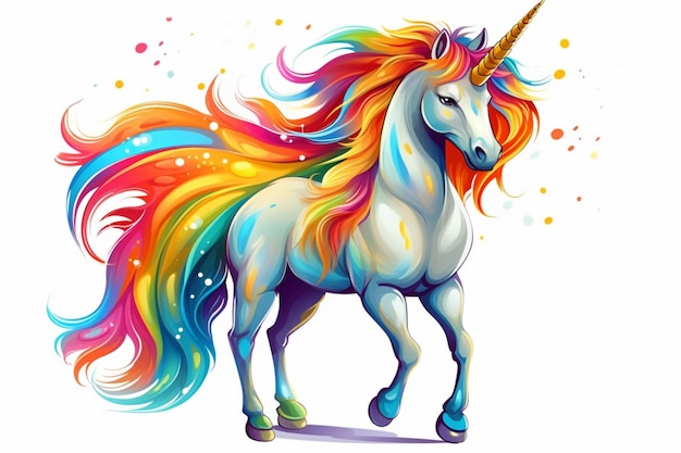 Une licorne avec une crinière et une queue arc-en-ciel