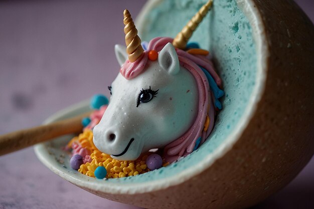 Photo une licorne avec une crinière rose est assise dans une tasse avec la licorne dessus