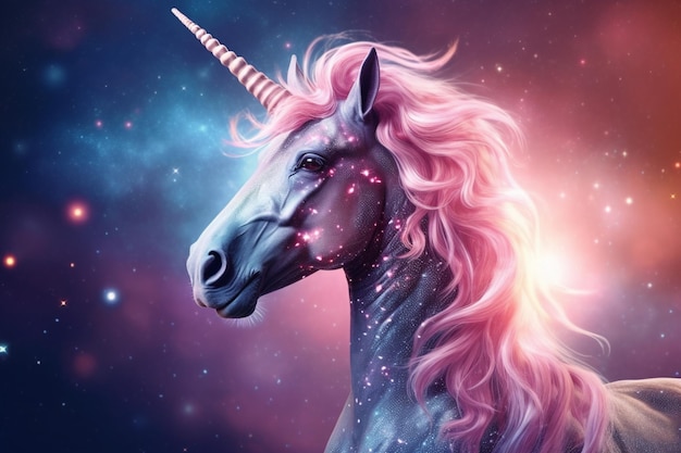 Une licorne avec une crinière rose et des étoiles dessus