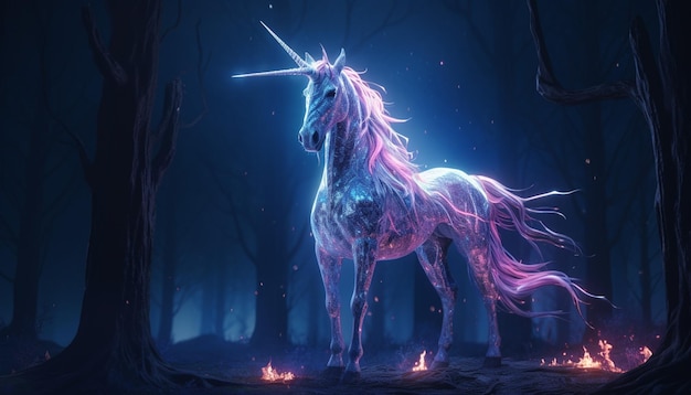 La licorne dans les bois avec le feu et les étoiles générative ai