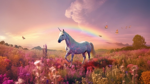 Une licorne dans un champ de fleurs avec des arcs-en-ciel en arrière-plan