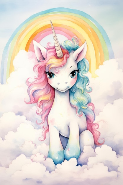 Licorne dans les nuages avec arc-en-ciel