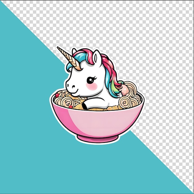 Une licorne de dessin animé 3D dans un bol de nouilles ramen avec un fond transparent