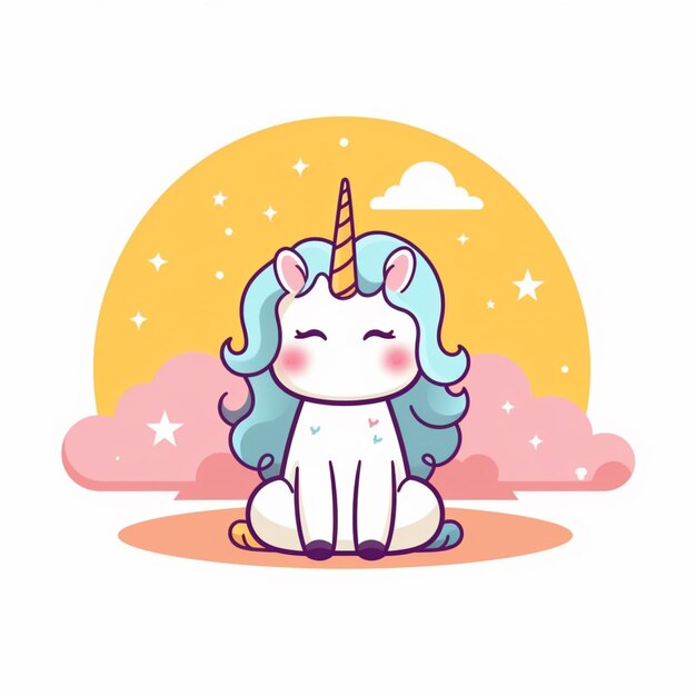 une licorne de dessin animé assise sur le sol avec un nuage en arrière-plan