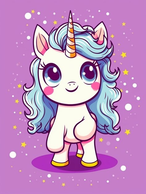 une licorne de dessin animé avec des cheveux bleus et une crinière rose