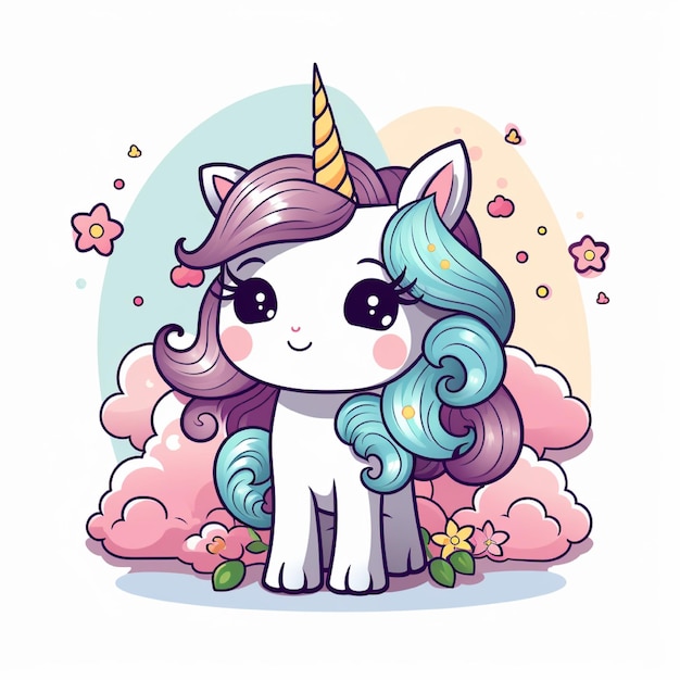 une licorne de dessin animé avec une crinière bleue et une licorne rose sur le dessus