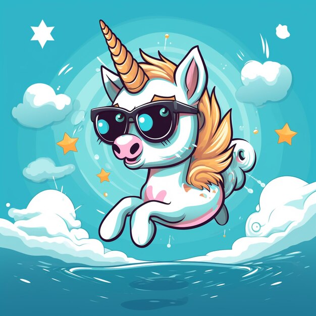 Photo une licorne de dessin animé avec des lunettes de soleil qui court dans le ciel